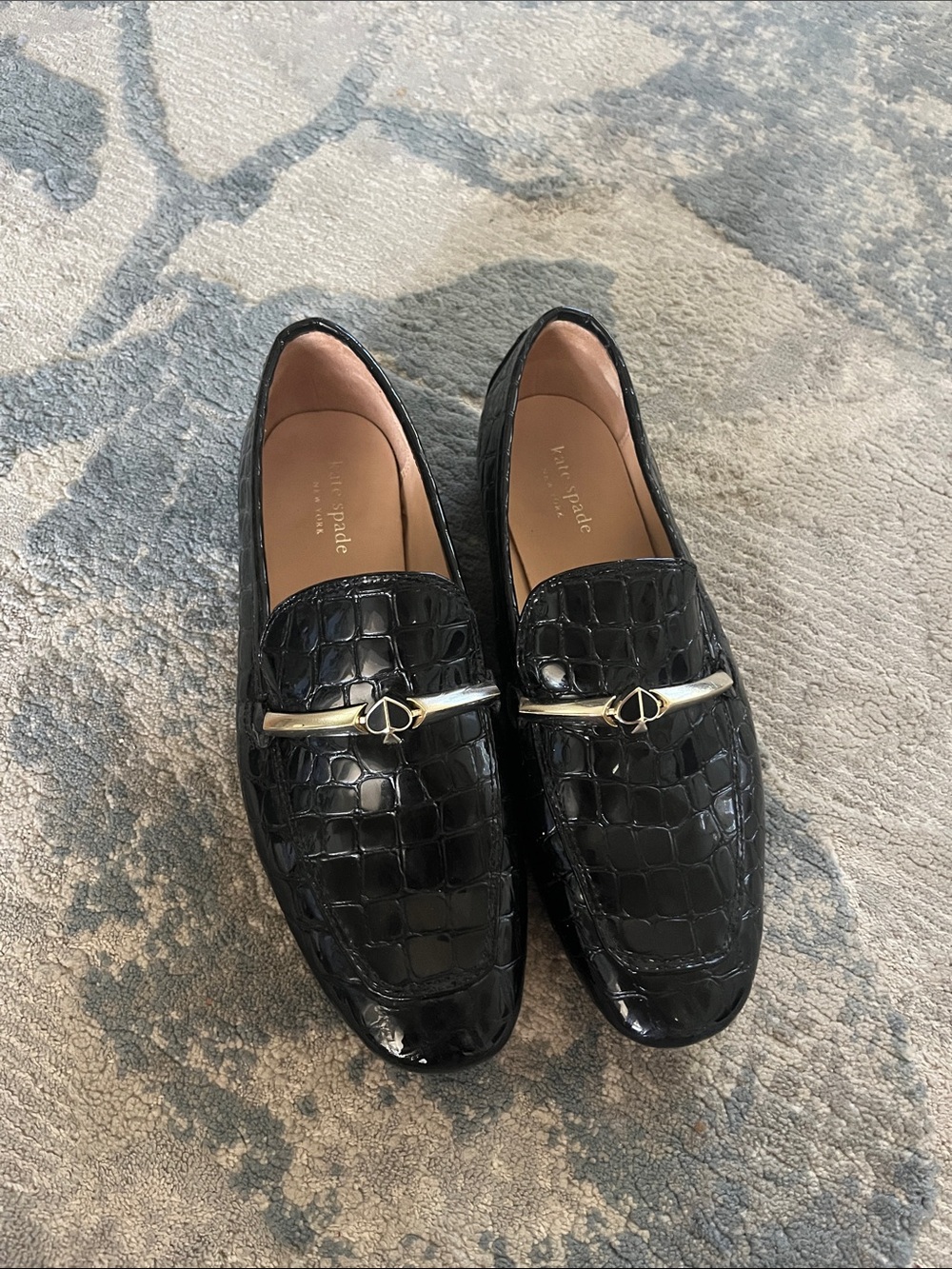 kate spade Black Croc-Embossed Loafers with Gold Accent